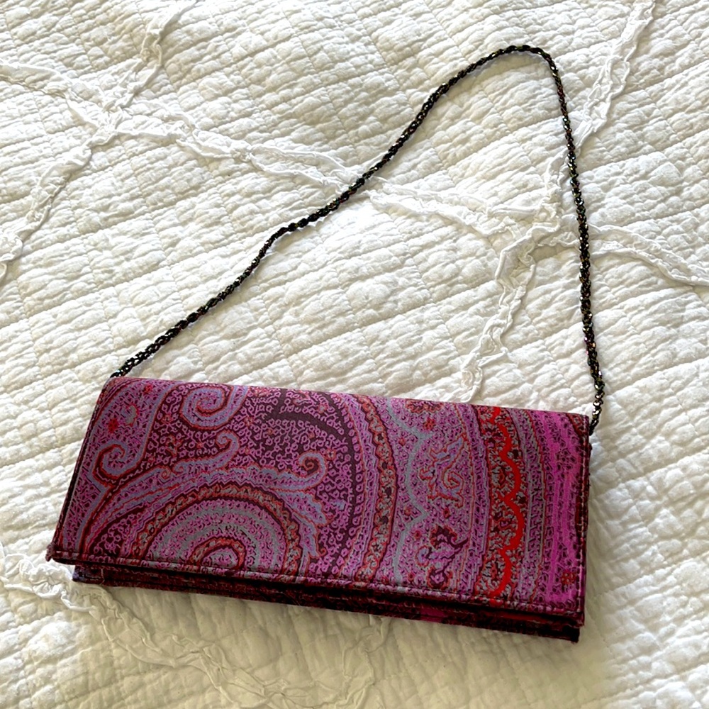 Vintage Ann Taylor Paisley silk clutch with sparkly chain